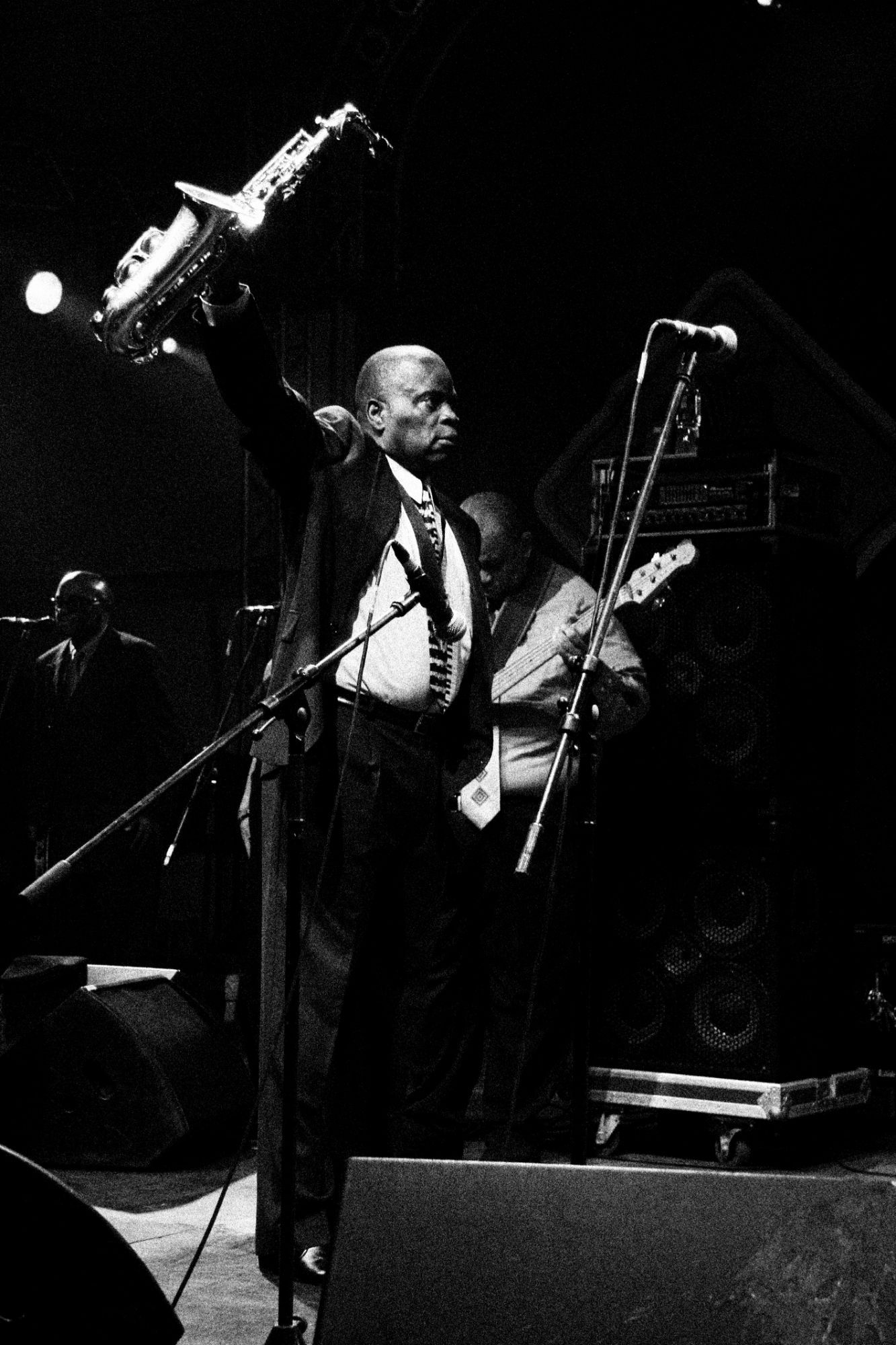 Black and white photo of Maceo Parker performing live at Sziget festival