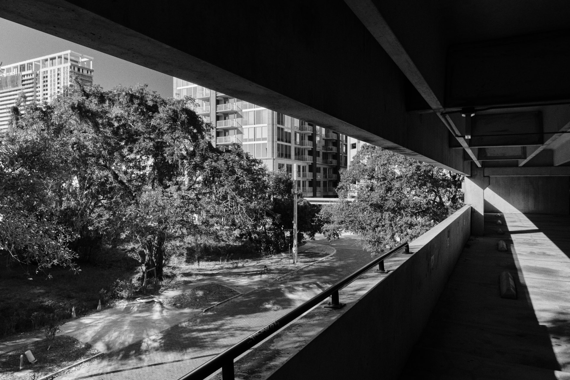 Black and white photo of view from Orlando parking garage