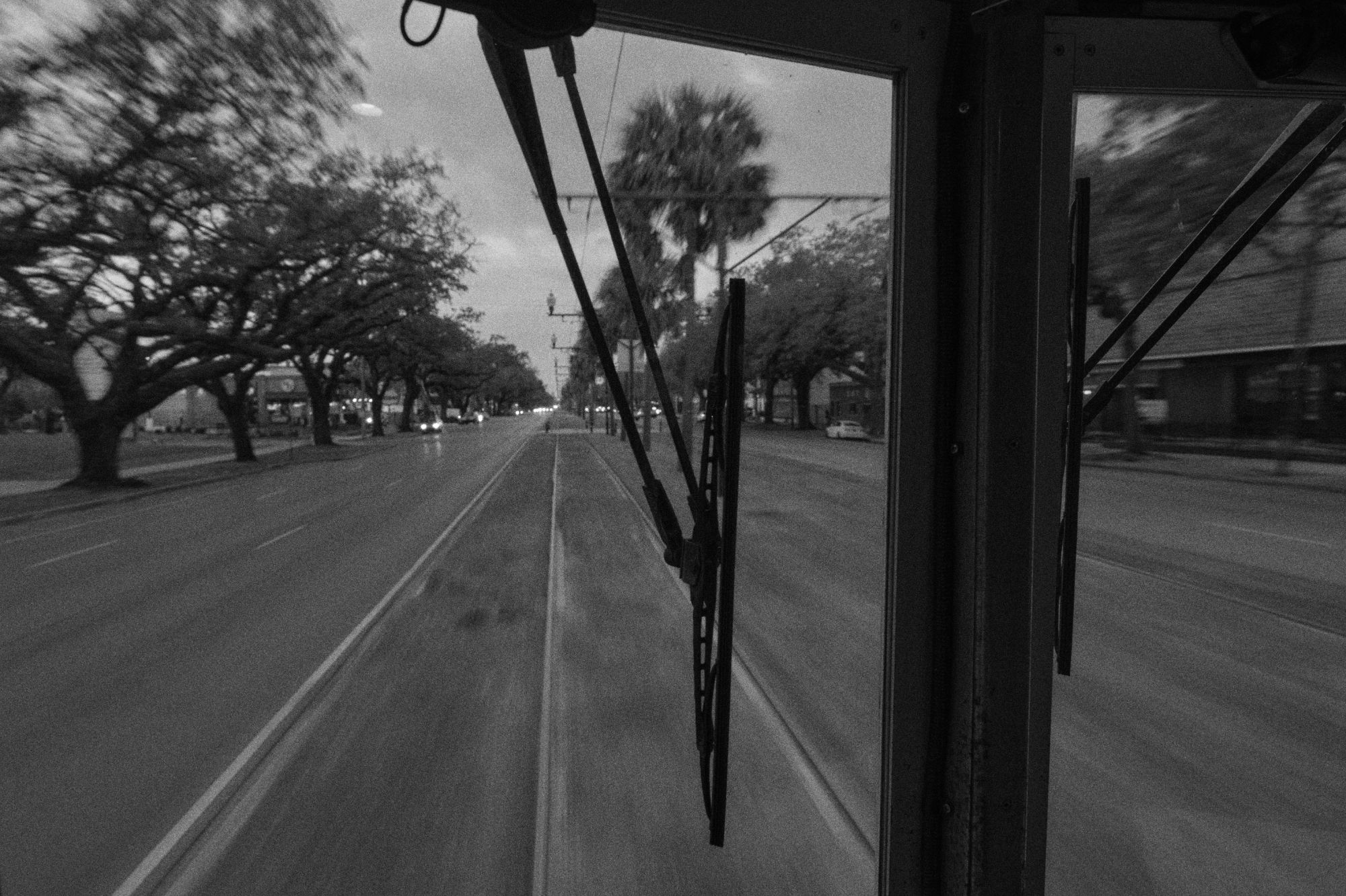 Black and white photo of view from tram in New Orleans